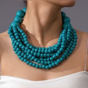 Multi 7 Strand Dyed Turquoise Color Wooden Bead Statement Necklace Boho PreOwned